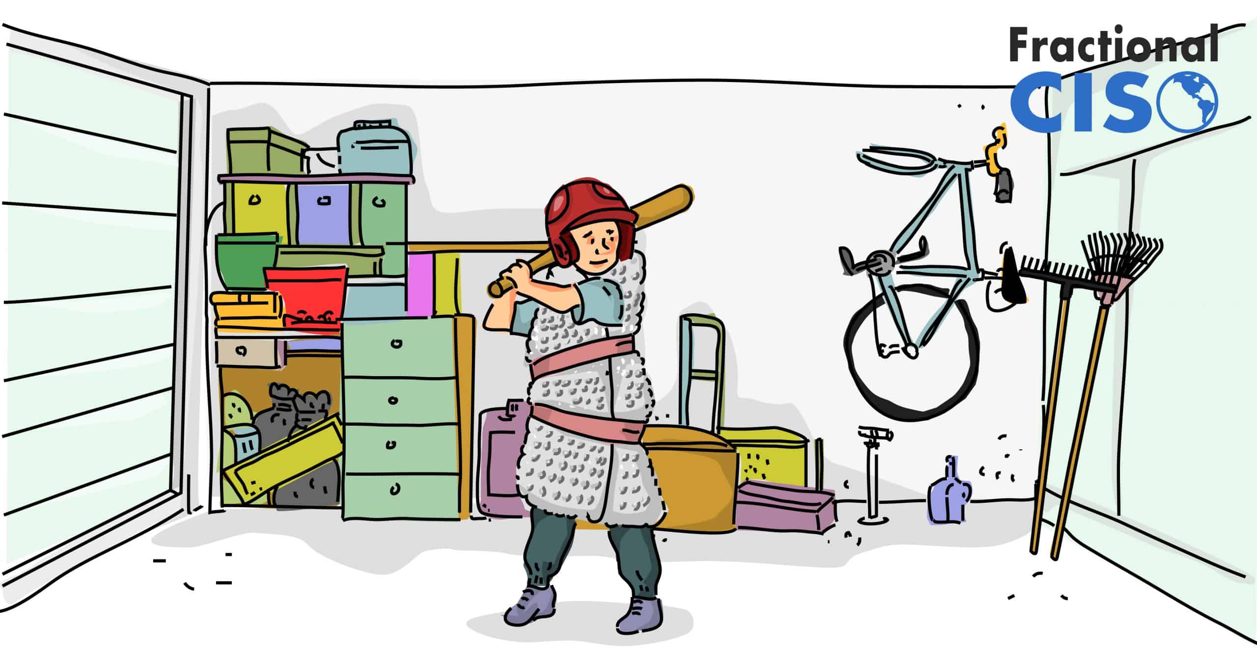 Illustration of child at baseball bat in a garage.