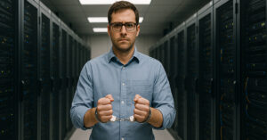 Insider threat actor captured in a server room.